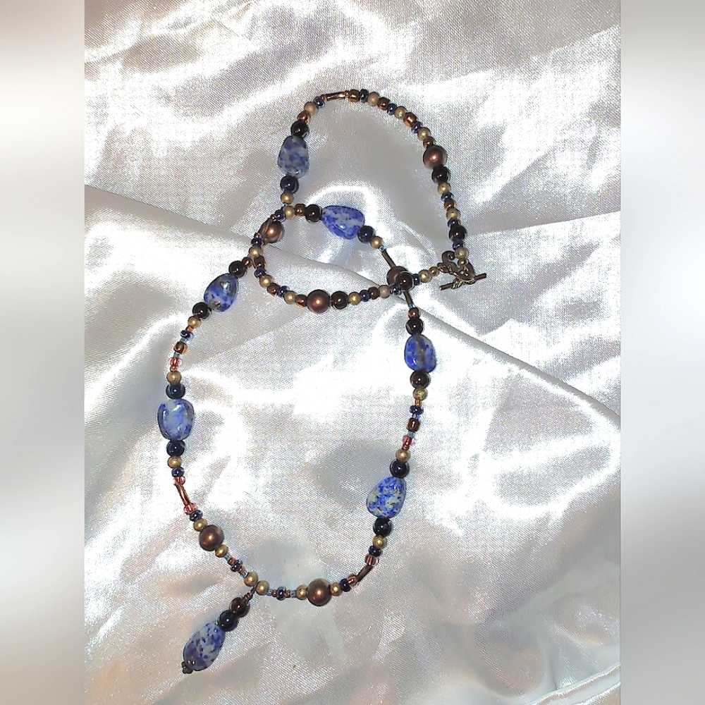Vintage Lapis Lazuli Necklace With Bronze Accents & Findings Becoming Rare!